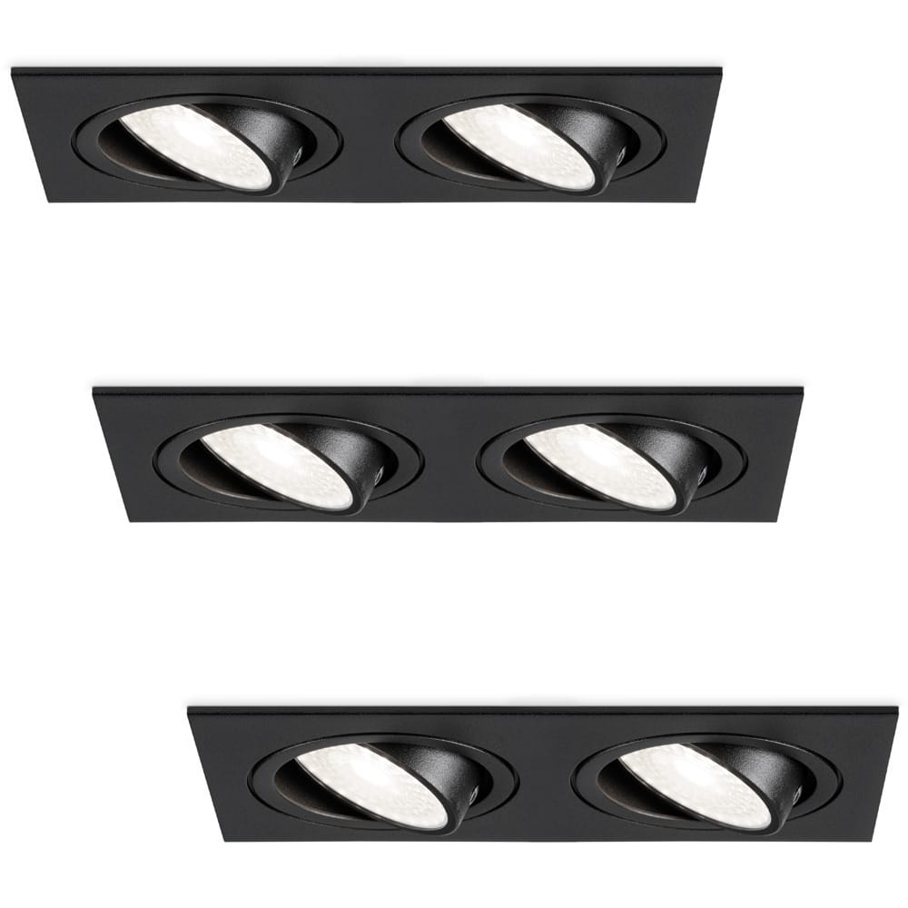 Set van 3 Mallorca LED inbouwspot - IP20 - Kantelbaar - 8 Watt 690 Lumen - 6500K Daglicht wit - Dubbel - GU10 - Dimbaar - Rechthoek - Voor binnen - Zwart afbeelding 1