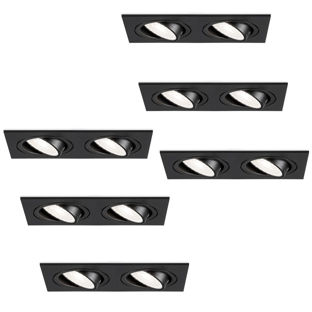 Set van 6 Mallorca LED inbouwspot - IP20 - Kantelbaar - 8 Watt 690 Lumen - 6500K Daglicht wit - Dubbel - GU10 - Dimbaar - Rechthoek - Voor binnen - Zwart afbeelding 1
