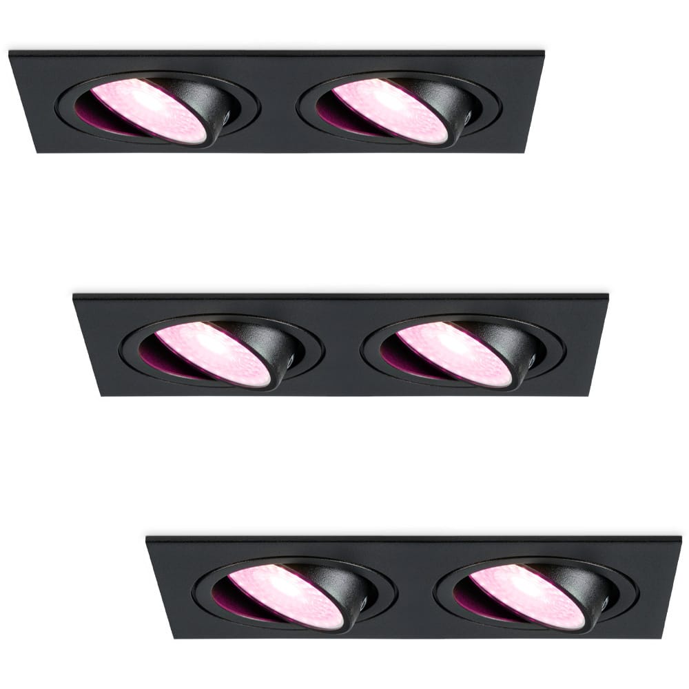 Set van 3 Mallorca LED inbouwspot - IP20 - Kantelbaar - 11 Watt 690 Lumen - Wifi + Bluetooth - RGBWW - Dubbel - GU10 - Google Home, Amazon Alexa en Siri - Rechthoek - Voor binnen - Zwart afbeelding