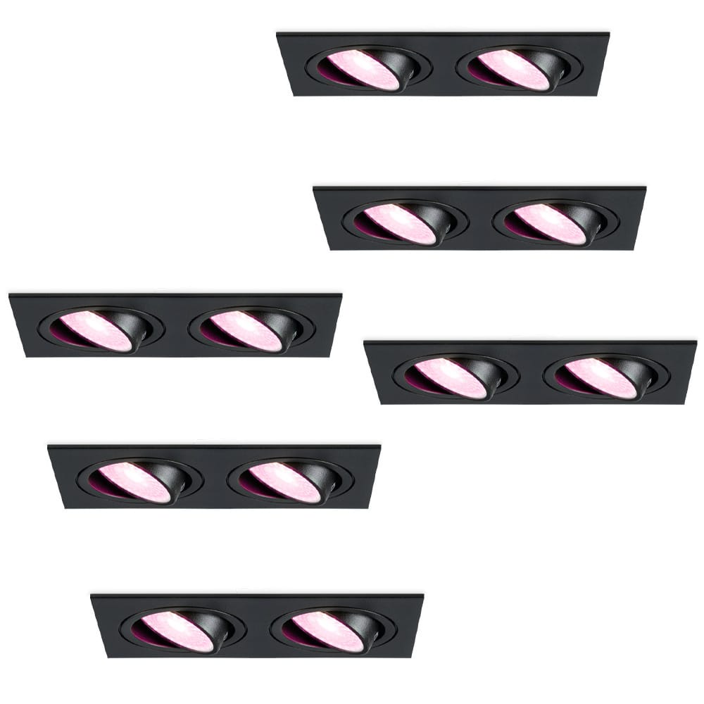 Set van 6 Mallorca - LED inbouwspot - IP20 - Kantelbaar - 11 Watt 690 Lumen - Wifi + Bluetooth - RGBWW - Dubbel - GU10 - Google Home, Amazon Alexa en Siri - Rechthoek - Voor binnen - Zwart afbeelding