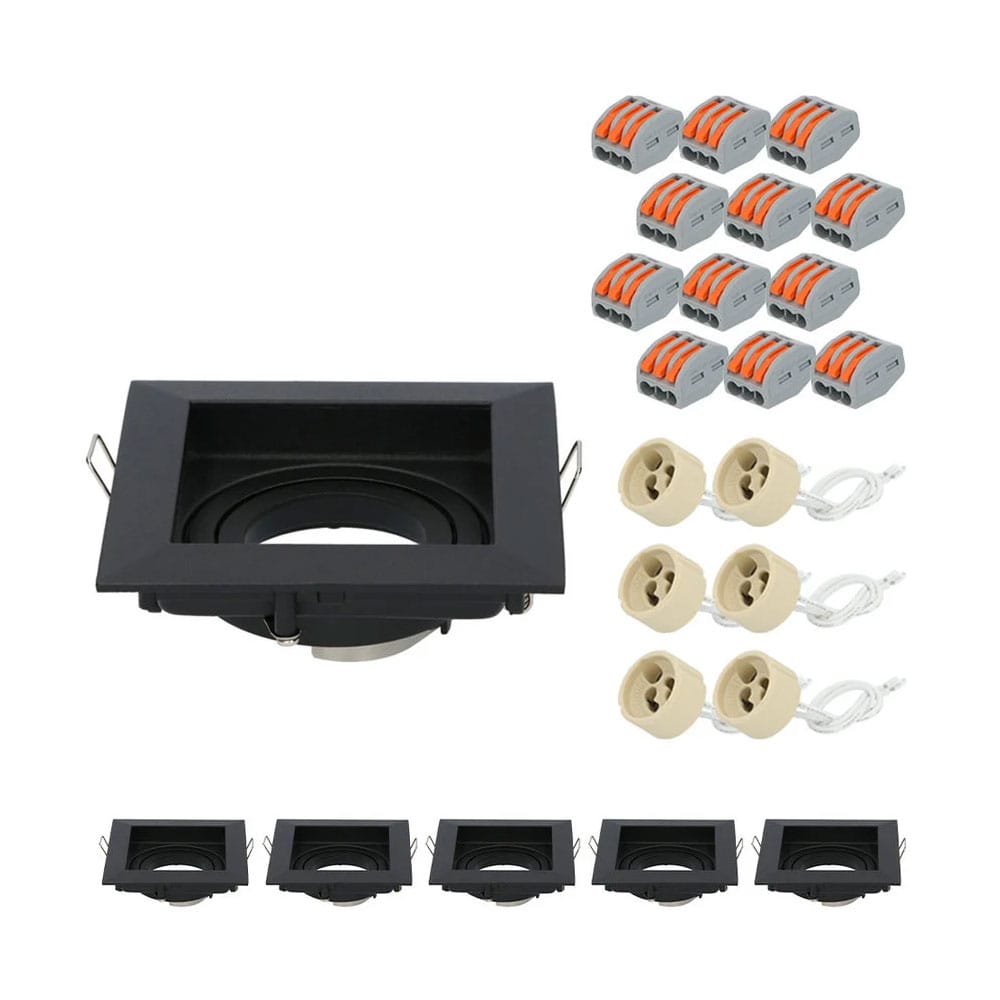Set van 6 Altos LED Inbouwspots - Kantelbaar armatuur - 10x10 cm - Vierkant - GU10 Fitting incl. lamphouder - IP20 voor binnen - Zwart afbeelding