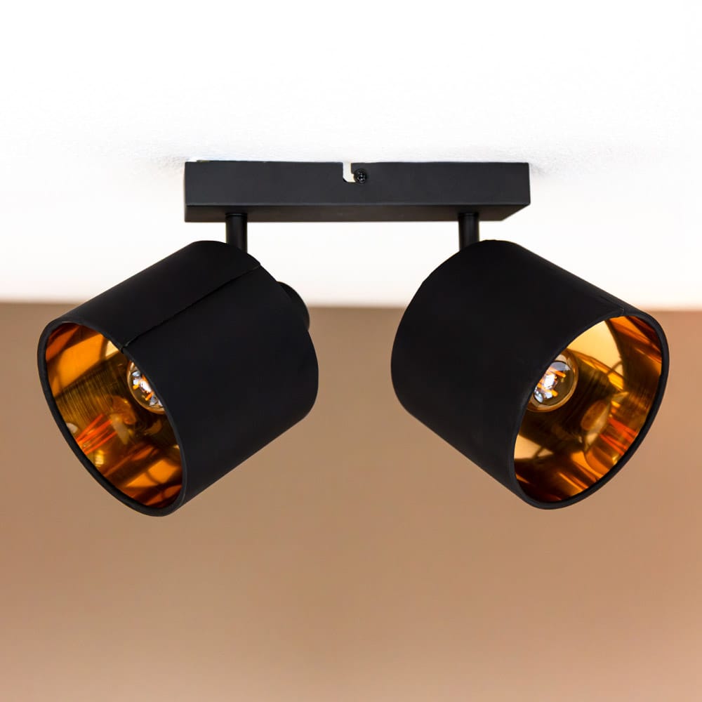 Jimmy LED Plafondspot - 2 spots - Kantelbaar - Draaibaar - Zwart/Goud - E14 fitting - IP20 voor binnen - Textiel spot afbeelding 1