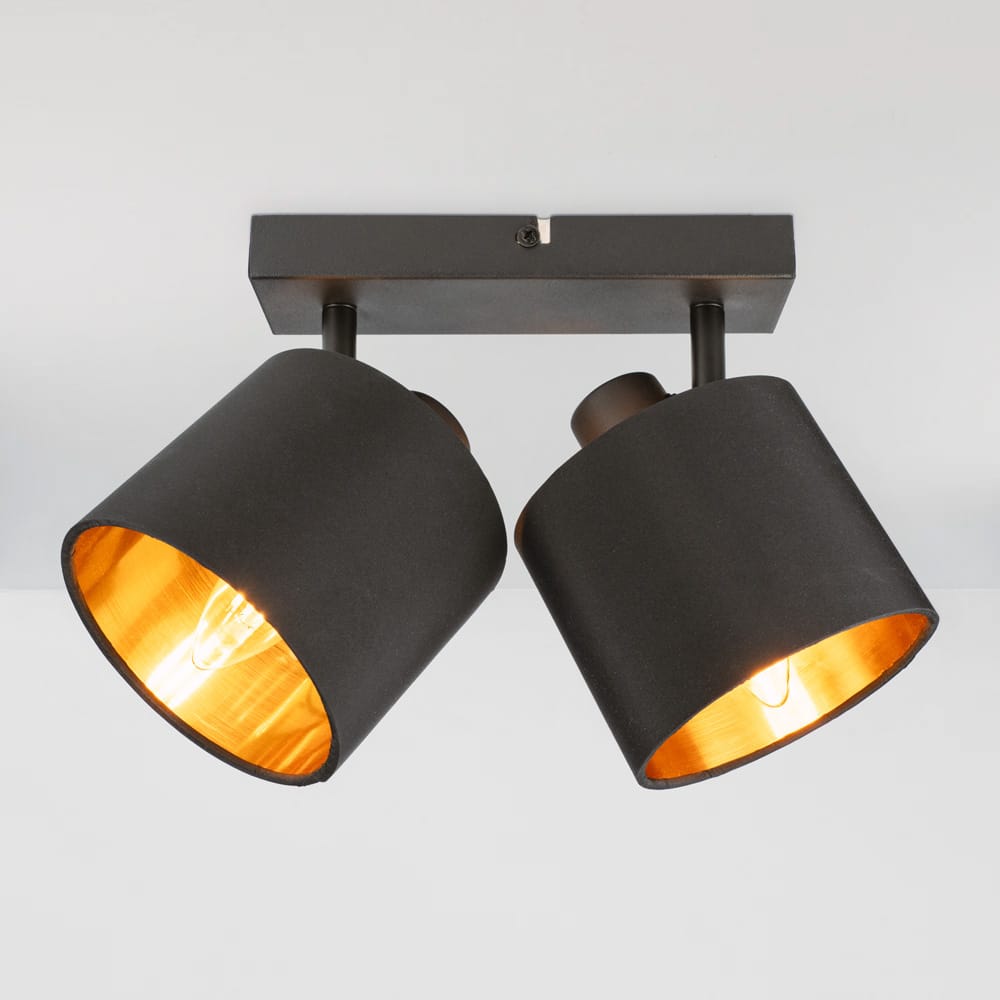 Jimmy LED Plafondspot - 2 spots - Kantelbaar - Draaibaar - Zwart/Goud - E14 fitting - IP20 voor binnen - Textiel spot afbeelding