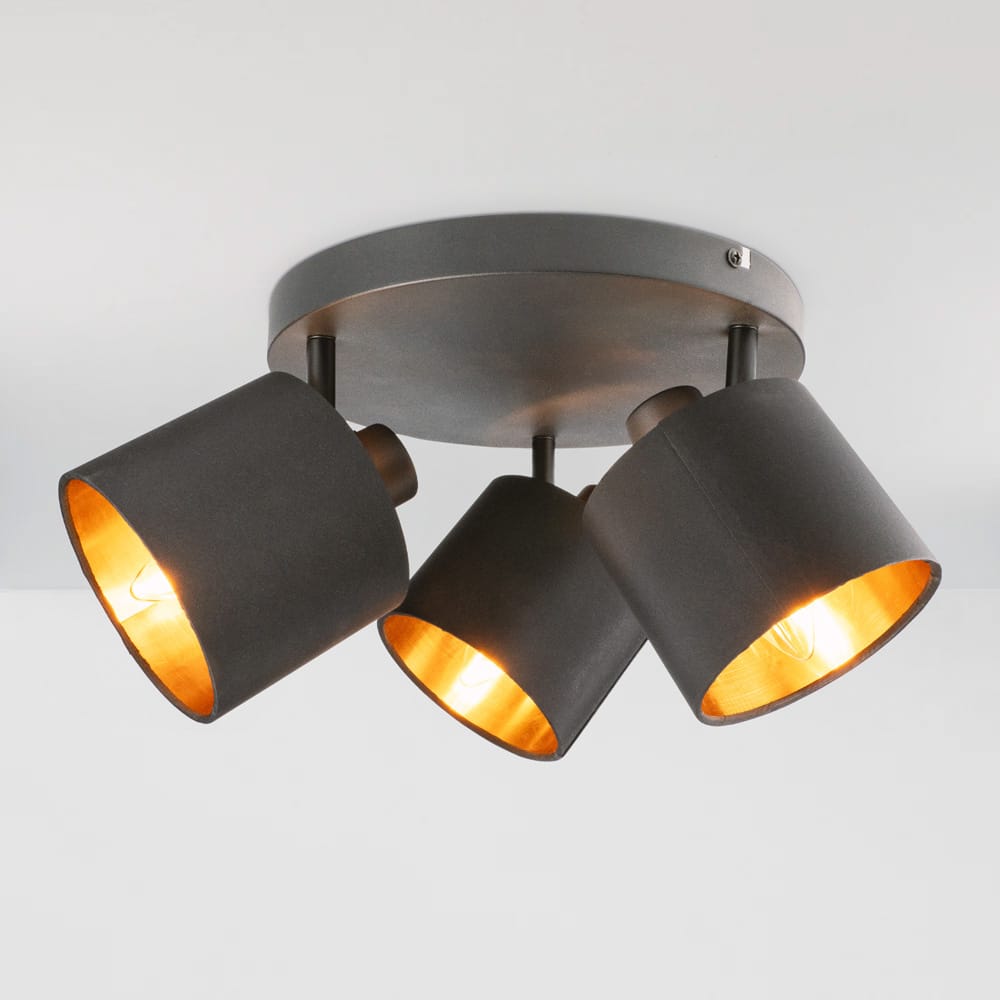 Jimmy LED Plafondspot - 3 spots - Kantelbaar - Draaibaar - Zwart/Goud - E14 fitting - IP20 voor binnen - Textiel spot afbeelding