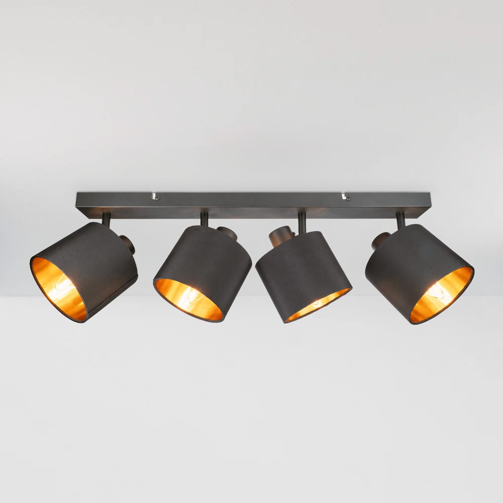 Jimmy LED Plafondspot - 4 spots - Kantelbaar - Draaibaar - Zwart/Goud - E14 fitting - IP20 voor binnen - Textiel spot afbeelding 1