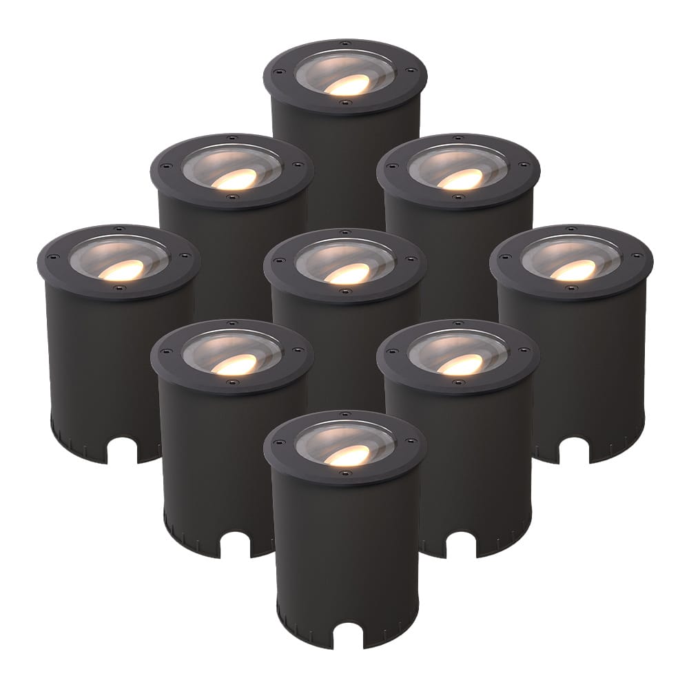 Set van 9 Lilly dimbare LED Grondspot - Kantelbaar - Overrijdbaar - Rond - 2700K warm wit - IP67 waterdicht - 3 jaar garantie - Zwart afbeelding