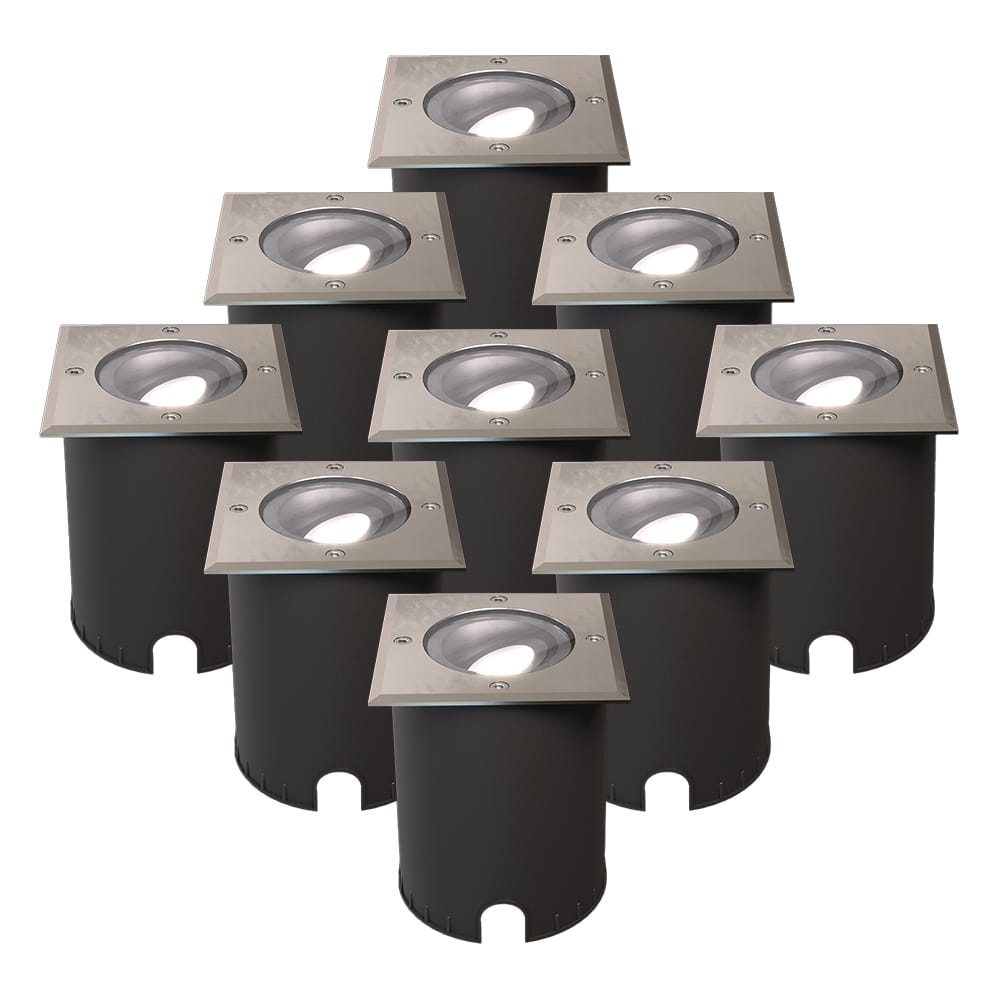 Set van 9 Cody LED Grondspots RVS - GU10 4,5 Watt 345 lumen dimbaar - 6500K Daglicht wit - Kantelbaar - Overrijdbaar - Vierkant - IP67 waterdicht afbeelding