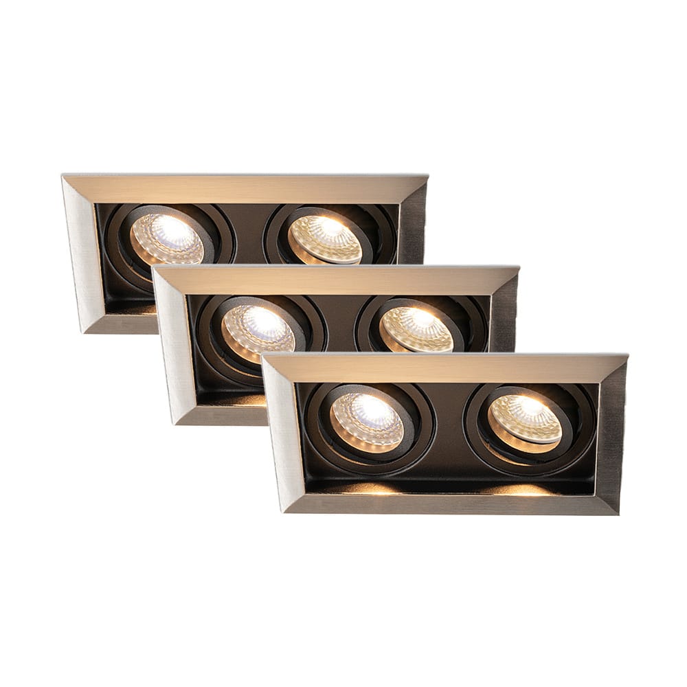 Set van 3 Durham - LED Inbouwspot - 8 watt 690 lumen - 2700K Warm wit - Dubbel - GU10 - Kantelbaar - Verzonken - IP20 voor binnen - Rechthoek - RVS afbeelding