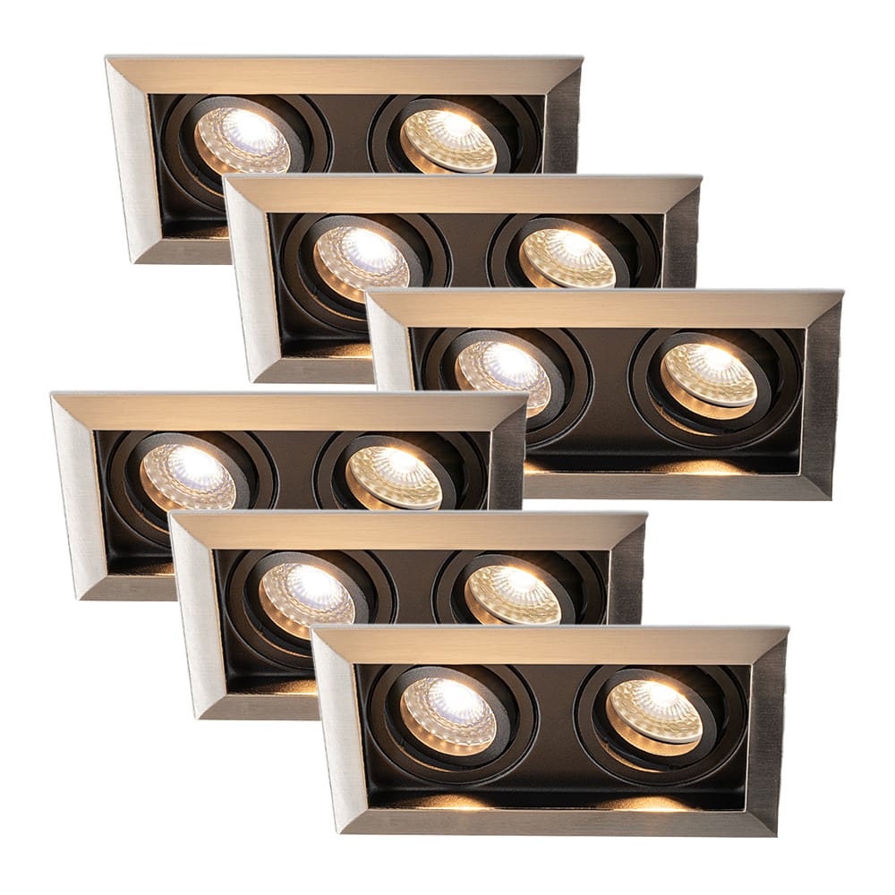 Set van 6 Durham - LED Inbouwspot - 8 watt 690 lumen - 2700K Warm wit - Dubbel - GU10 - Kantelbaar - Verzonken - IP20 voor binnen - Rechthoek - RVS afbeelding
