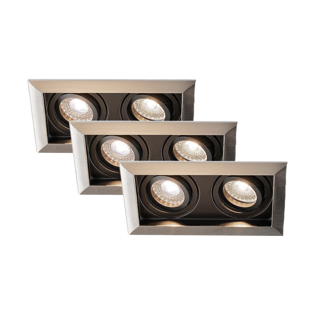 Set van 3 Durham - LED Inbouwspot - 10 Watt 800 lumen - 4000K Neutraal wit - Dubbel - GU10 - Kantelbaar - Verzonken - IP20 voor binnen - Rechthoek - RVS afbeelding