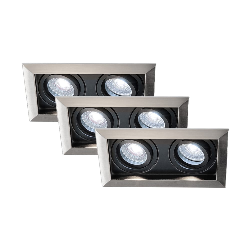 Set van 3 Durham - LED Inbouwspot - 10 Watt 800 lumen - 6000K Daglicht wit - Dubbel - GU10 - Kantelbaar - Verzonken - IP20 voor binnen - Rechthoek - RVS afbeelding