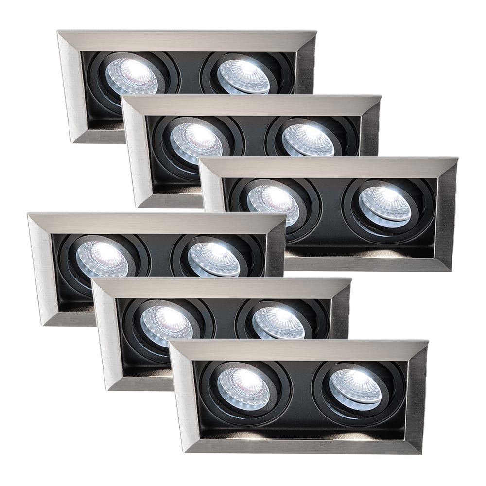 Set van 6 Durham - LED Inbouwspot - 10 Watt 800 lumen - 6000K Daglicht wit - Dubbel - GU10 - Kantelbaar - Verzonken - IP20 voor binnen - Rechthoek - RVS afbeelding