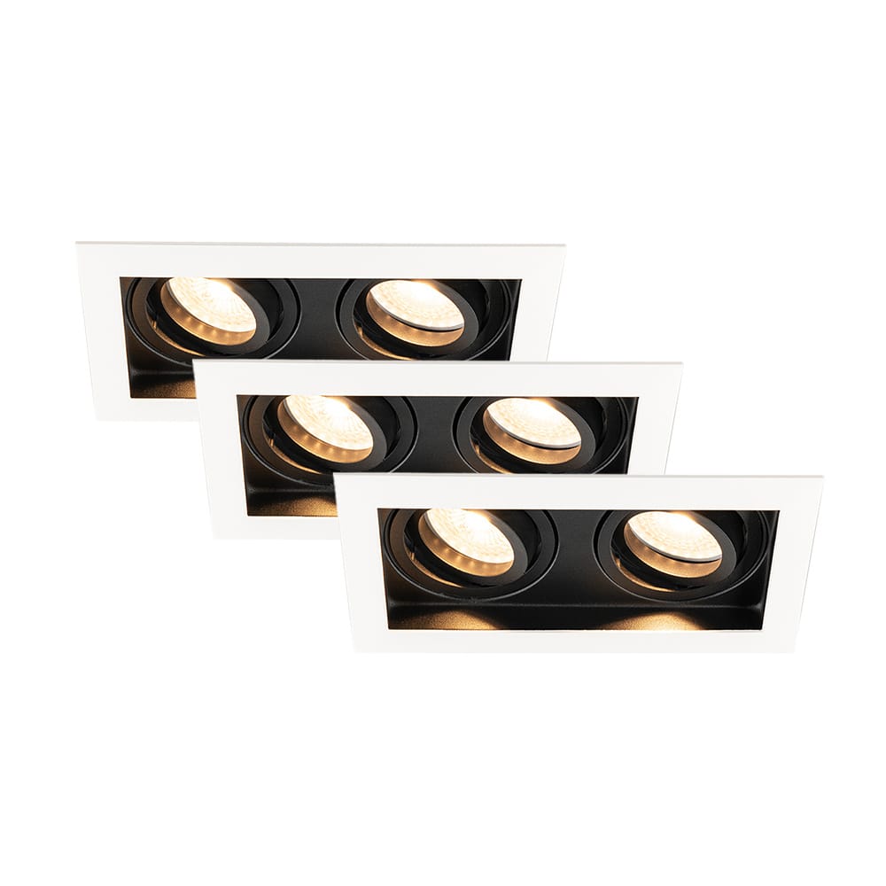 Set van 3 Durham - LED Inbouwspot - 8 watt 690 lumen - 2700K Warm wit - Dubbel - GU10 - Kantelbaar - IP20 voor binnen - Rechthoek - Wit/Zwart afbeelding