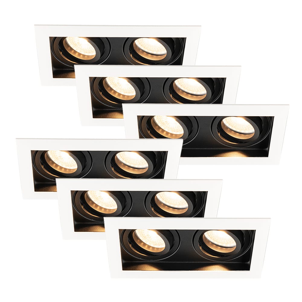 Set van 6 Durham - LED Inbouwspot - 8 watt 690 lumen - 2700K Warm wit - Dubbel - GU10 - Kantelbaar - IP20 voor binnen - Rechthoek - Wit/Zwart afbeelding