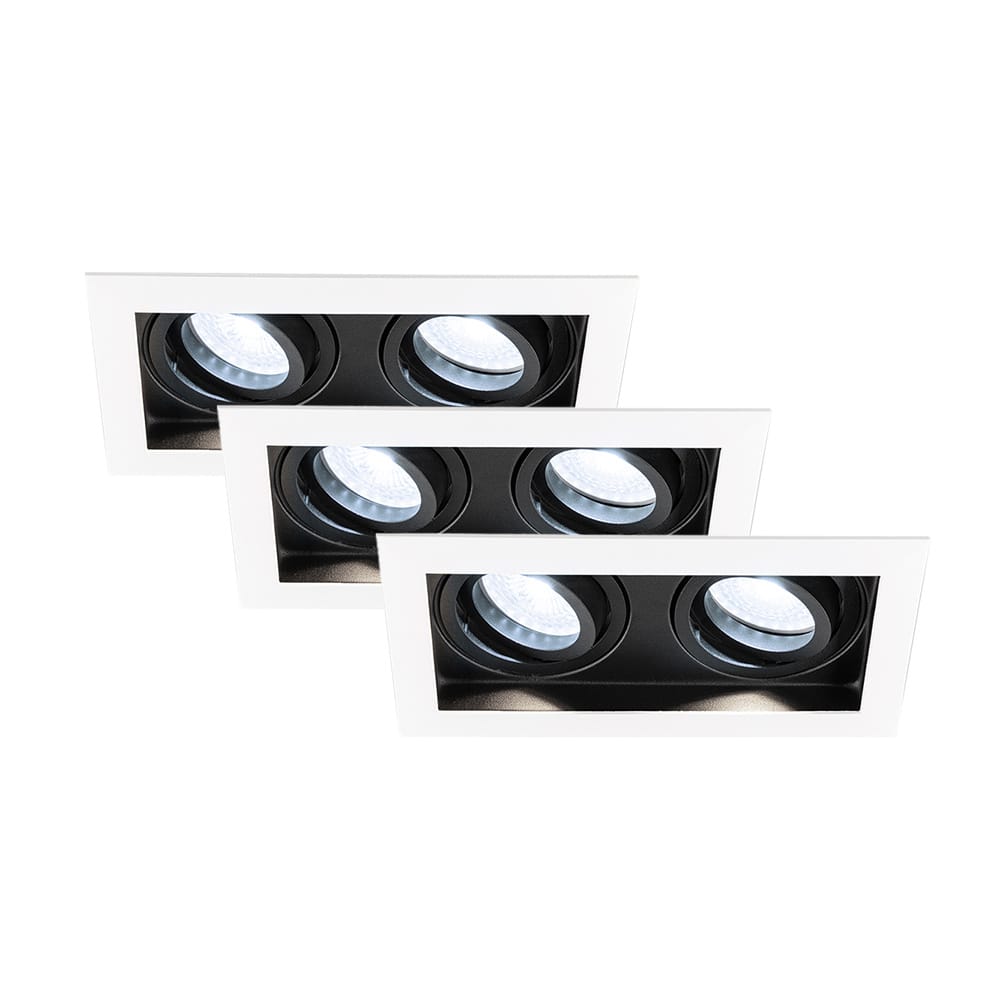 Set van 3 Durham - LED Inbouwspot - 10 Watt 800 lumen - 6000K Daglicht wit - Dubbel - GU10 - Kantelbaar - IP20 voor binnen - Rechthoek - Wit/Zwart afbeelding