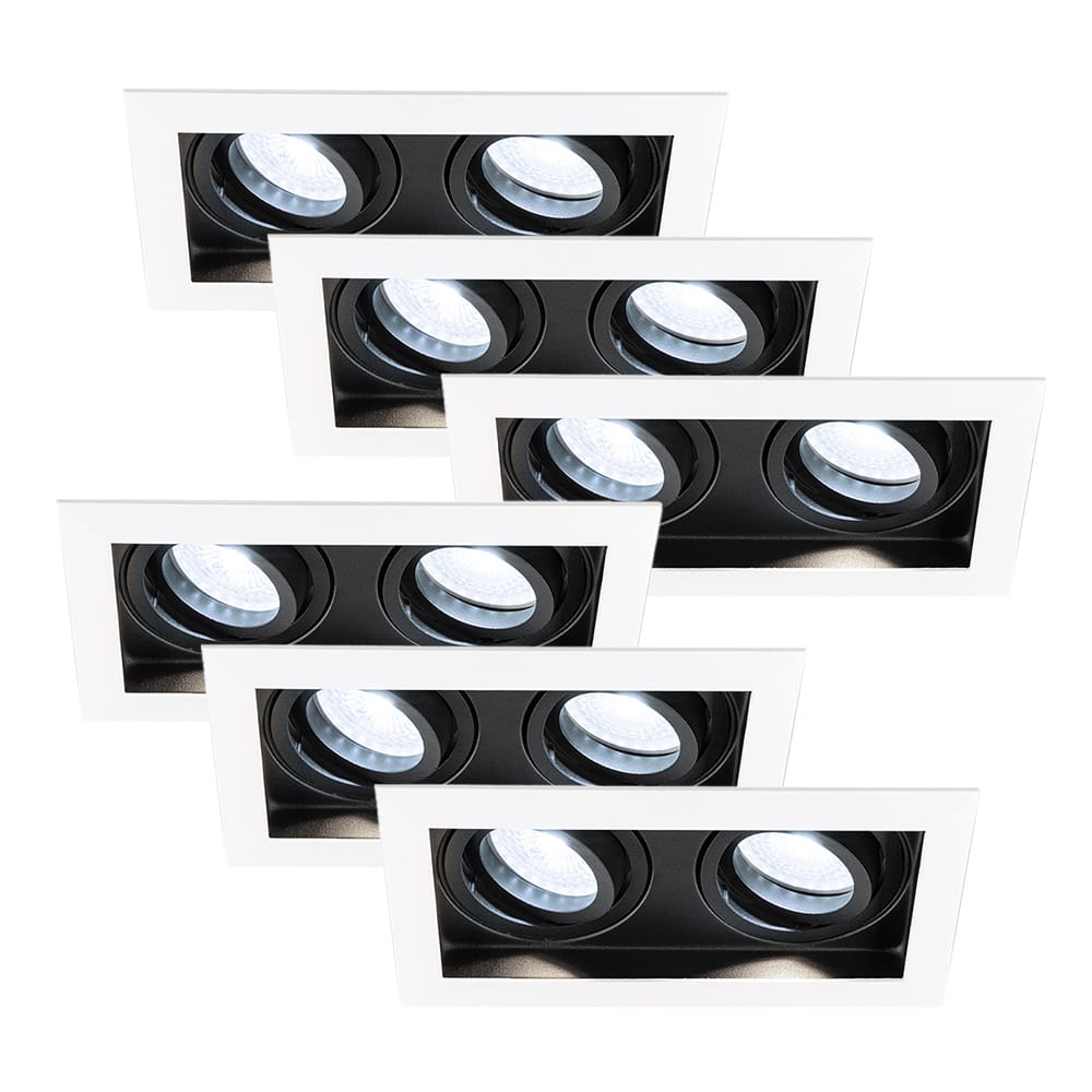 Set van 6 Durham - LED Inbouwspot - 10 Watt 800 lumen - 6000K Daglicht wit - Dubbel - GU10 - Kantelbaar - IP20 voor binnen - Rechthoek - Wit/Zwart afbeelding