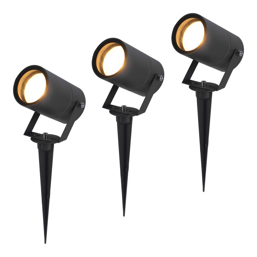 Set van 3 Spikey LED prikspots - GU10 Fitting - Dimbaar - Wandspot - IP65 voor binnen en buiten - Grondspies - Zwart afbeelding