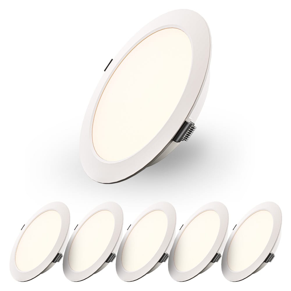 Set van 6 Georgia LED platte Inbouwspots wit - inbouwdiepte 25mm - 12W 1160lm - Rond - 2700K warm Wit - Ø170 mm - IP20 voor binnen afbeelding