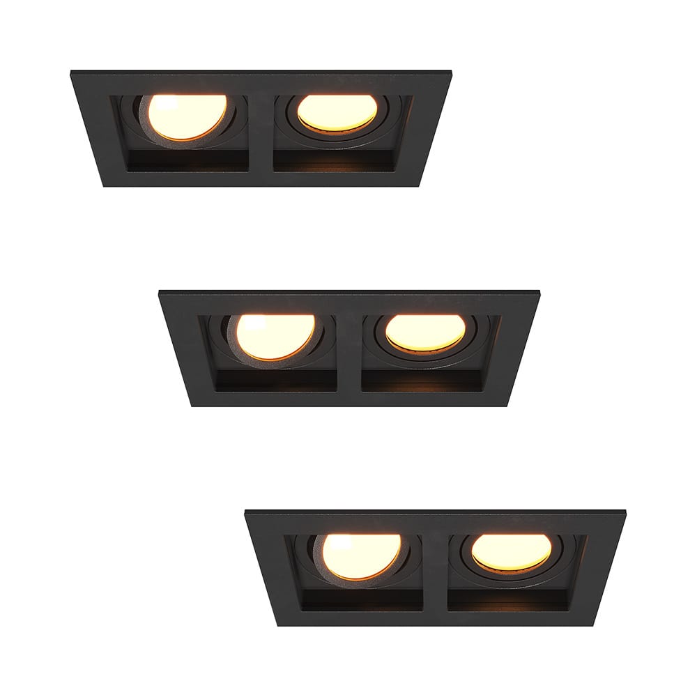 Set van 3 Fresno Dubbele Inbouwspots - Rechthoek - 2x GU10 - 2700K Warm wit - 8 watt 690 lumen - Kantelbaar - IP20 stofdicht - Zwart afbeelding