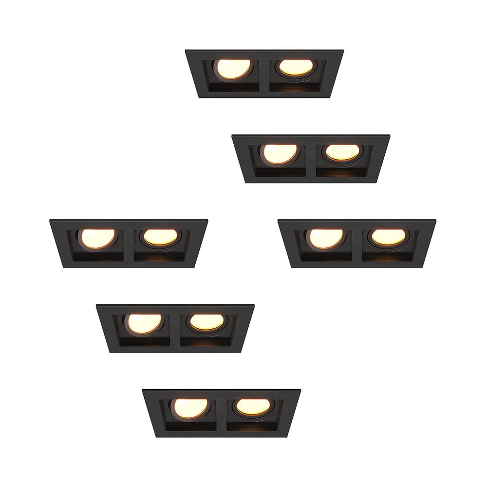 Set van 6 Fresno Dubbele Inbouwspots - Rechthoek - 2x GU10 - 2700K Warm wit - 8 watt 690 lumen - Kantelbaar - IP20 stofdicht - Zwart afbeelding
