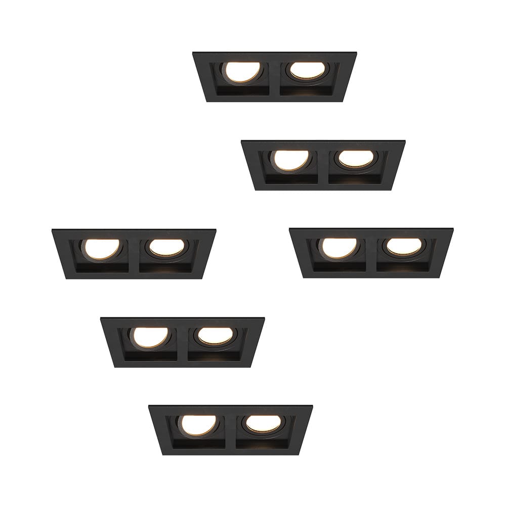Set van 6 Fresno Dubbele Inbouwspot - Rechthoek - 2x GU10 - 4000K neutraal wit - 10 Watt 800 lumen - Kantelbaar - IP20 stofdicht - Zwart afbeelding