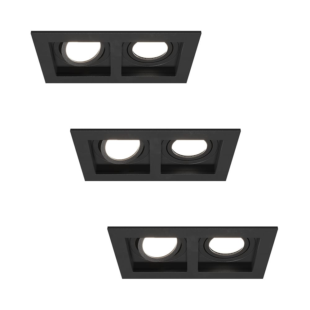 Set van 3 Fresno Dubbele Inbouwspot - Rechthoek - 2x GU10 - 6000K Daglicht wit - 10 Watt 800 lumen - Kantelbaar - IP20 stofdicht - Zwart afbeelding