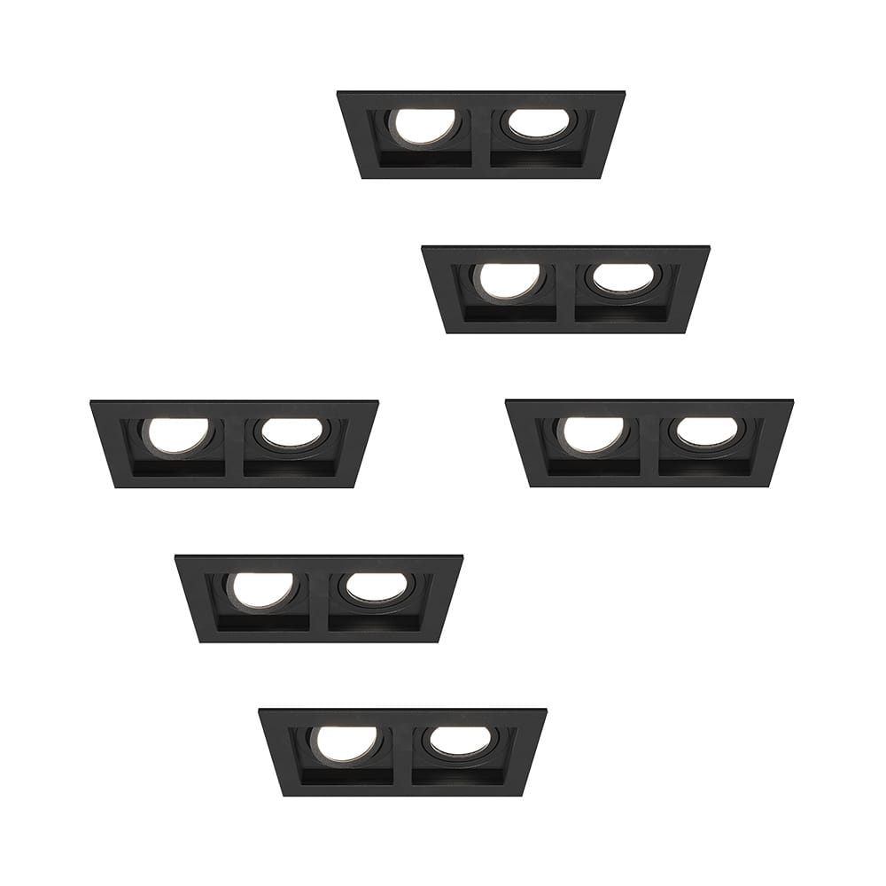 Set van 6 Fresno Dubbele Inbouwspot - Rechthoek - 2x GU10 - 6000K Daglicht wit - 10 Watt 800 lumen - Kantelbaar - IP20 stofdicht - Zwart afbeelding