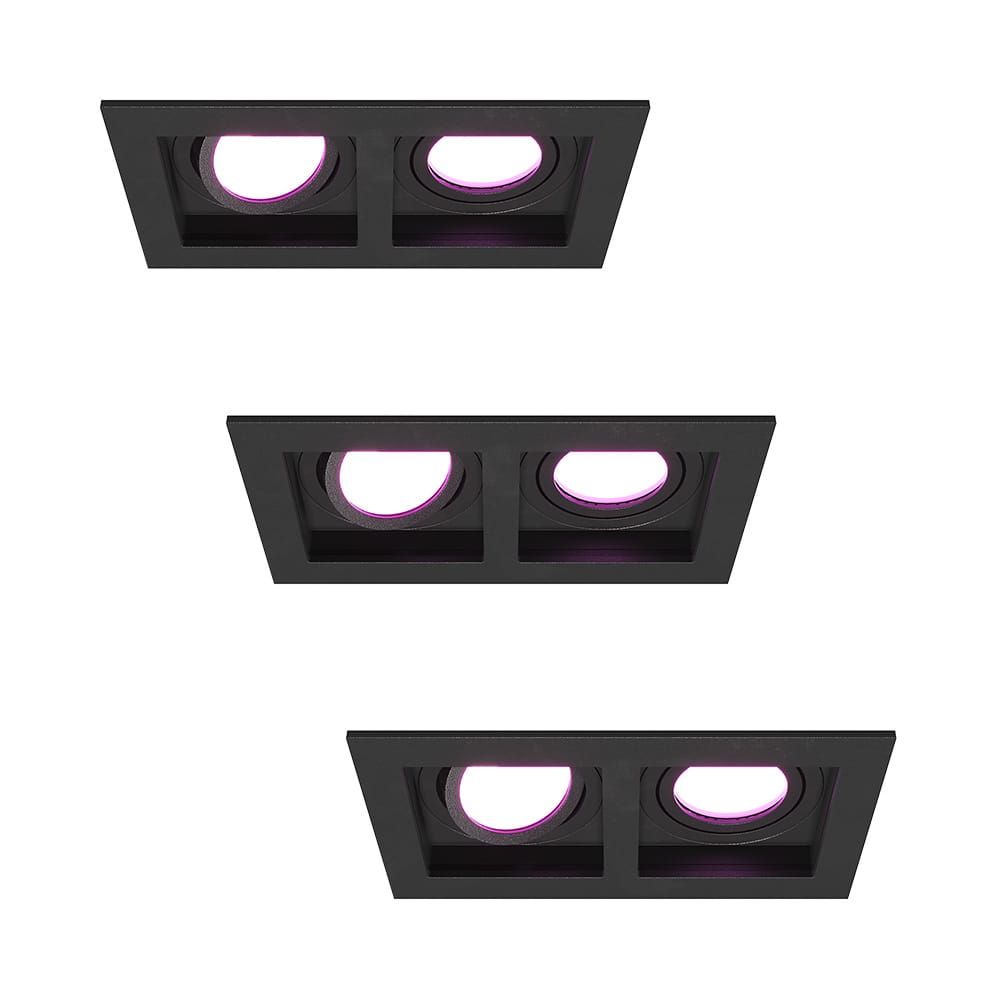 Set van 3 Fresno Dubbele Inbouwspot - Rechthoek - 2x GU10 - RGBWW 16,5 miljoen kleuren - 11 Watt 690 lumen - Kantelbaar - IP20 stofdicht - Zwart afbeelding