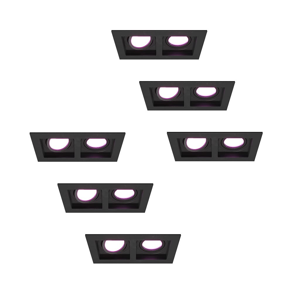 Set van 6 Fresno Dubbele Inbouwspot - Rechthoek - 2x GU10 - RGBWW 16,5 miljoen kleuren - 11 Watt 690 lumen - Kantelbaar - IP20 stofdicht - Zwart afbeelding