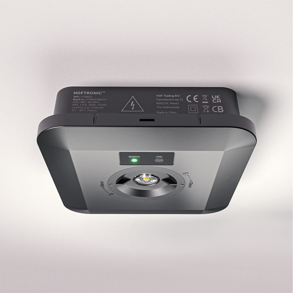 Fuga LED Opbouwspot Rond Noodverlichting Zwart 3 Watt 280 Lumen Verwisselbare lens IP65 waterdicht 3 uur noodaccu (3300 mAh) 6500K daglicht wit Autotest functie