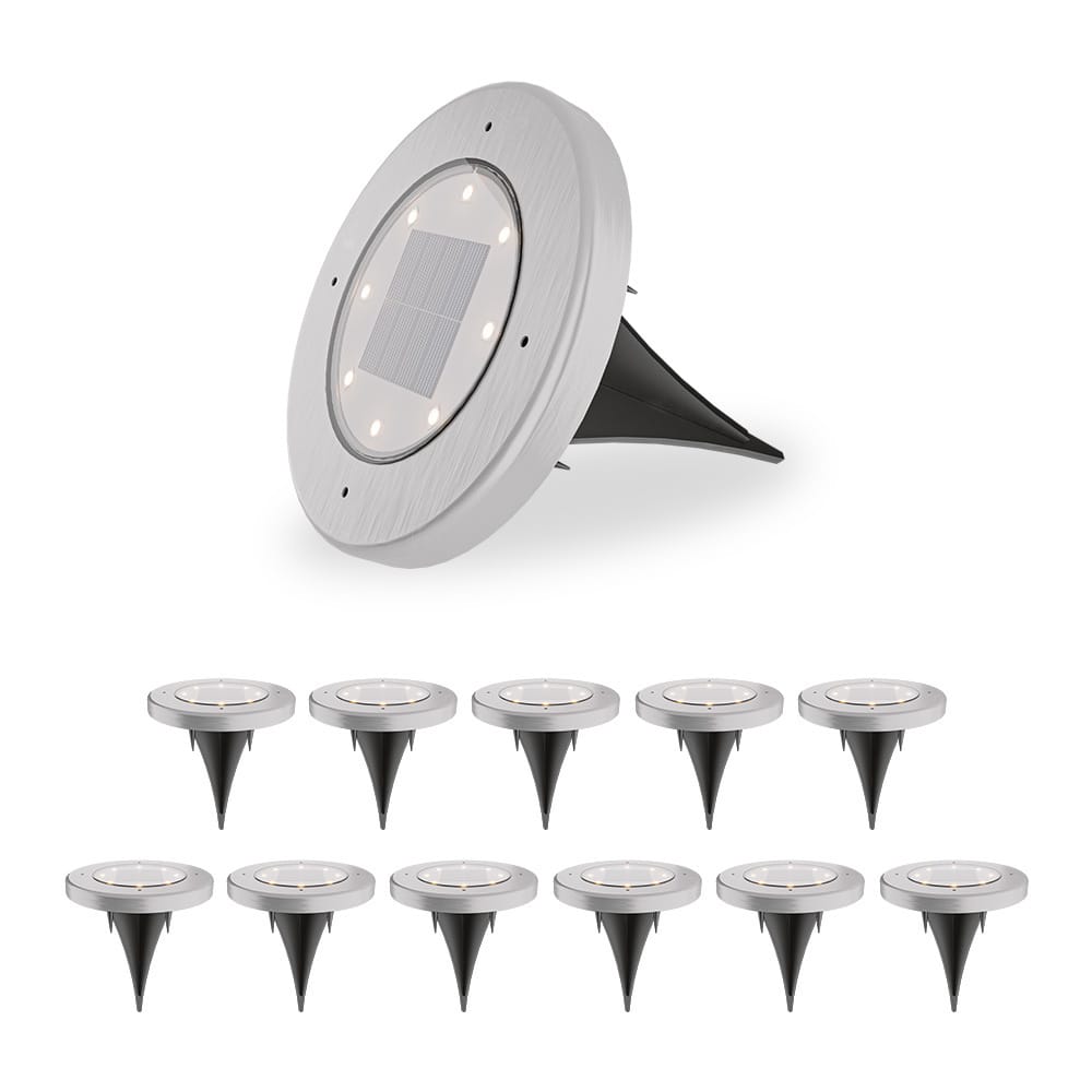 Ellis 12x Solar grondspots - 8 LEDs - 3000K warmwit licht - IP65 waterdicht - Incl. schemerschakelaar - RVS afbeelding