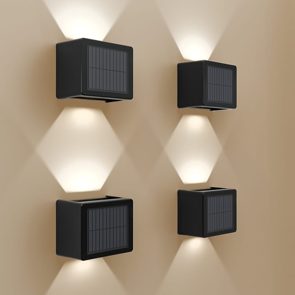 Set van 4 Louis - Solar LED Wandlamp - Kubus - Up&Downlight - CCT warm wit-koud wit - Zwart- IP65 waterdicht - 4 LEDs - tuinverlichting - buitenlamp afbeelding