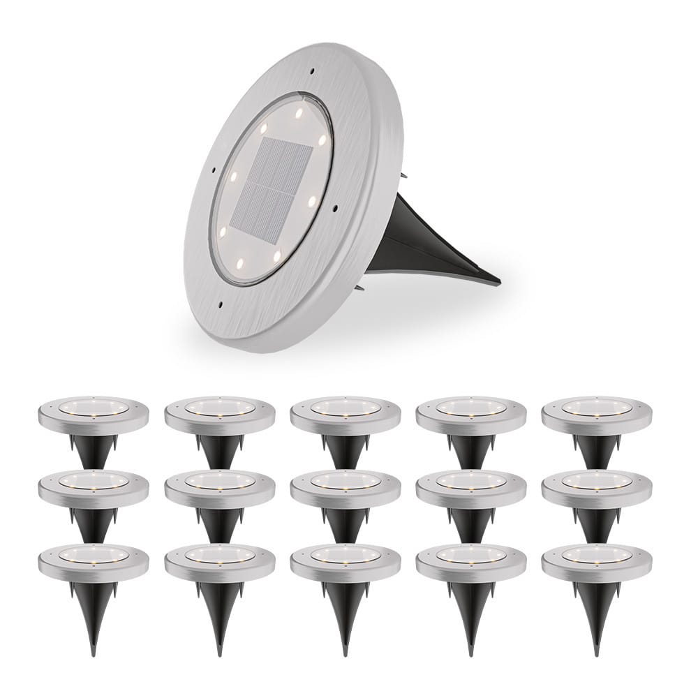 Ellis 16x Solar grondspots - 8 LEDs - 3000K warmwit licht - IP65 waterdicht - Incl. schemerschakelaar - RVS afbeelding