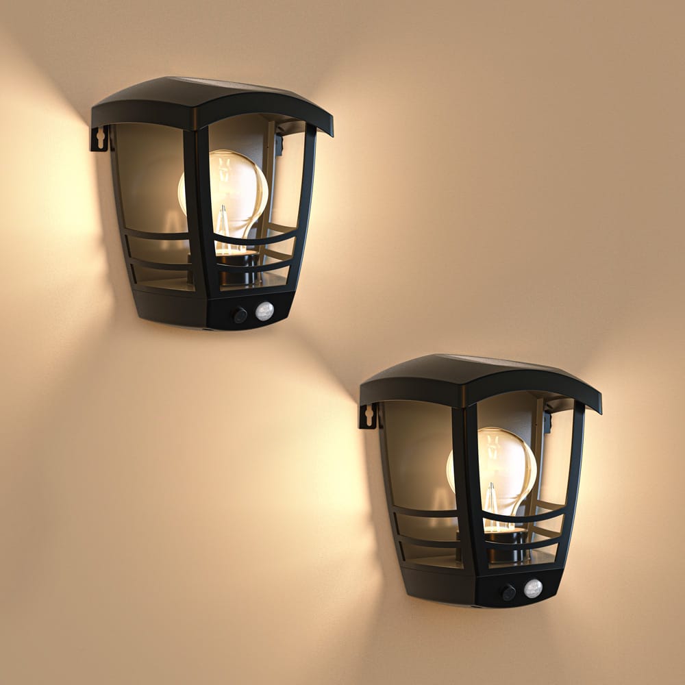 Set van 2 Clark Solar Wandlampen met PIR bewegingssensor 3000K warm witte lichtbron IP44 waterdicht Zwart Tuinverlichting Buitenlamp