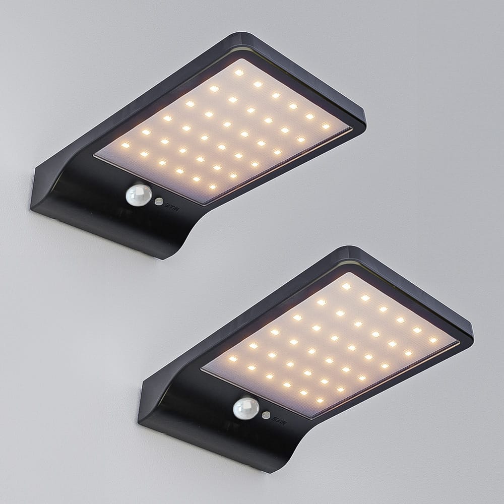 Set van 2 Macon LED Solar Wandlampen slim design met PIR bewegingssensor Zwart Warm wit licht 36 LEDs IP44