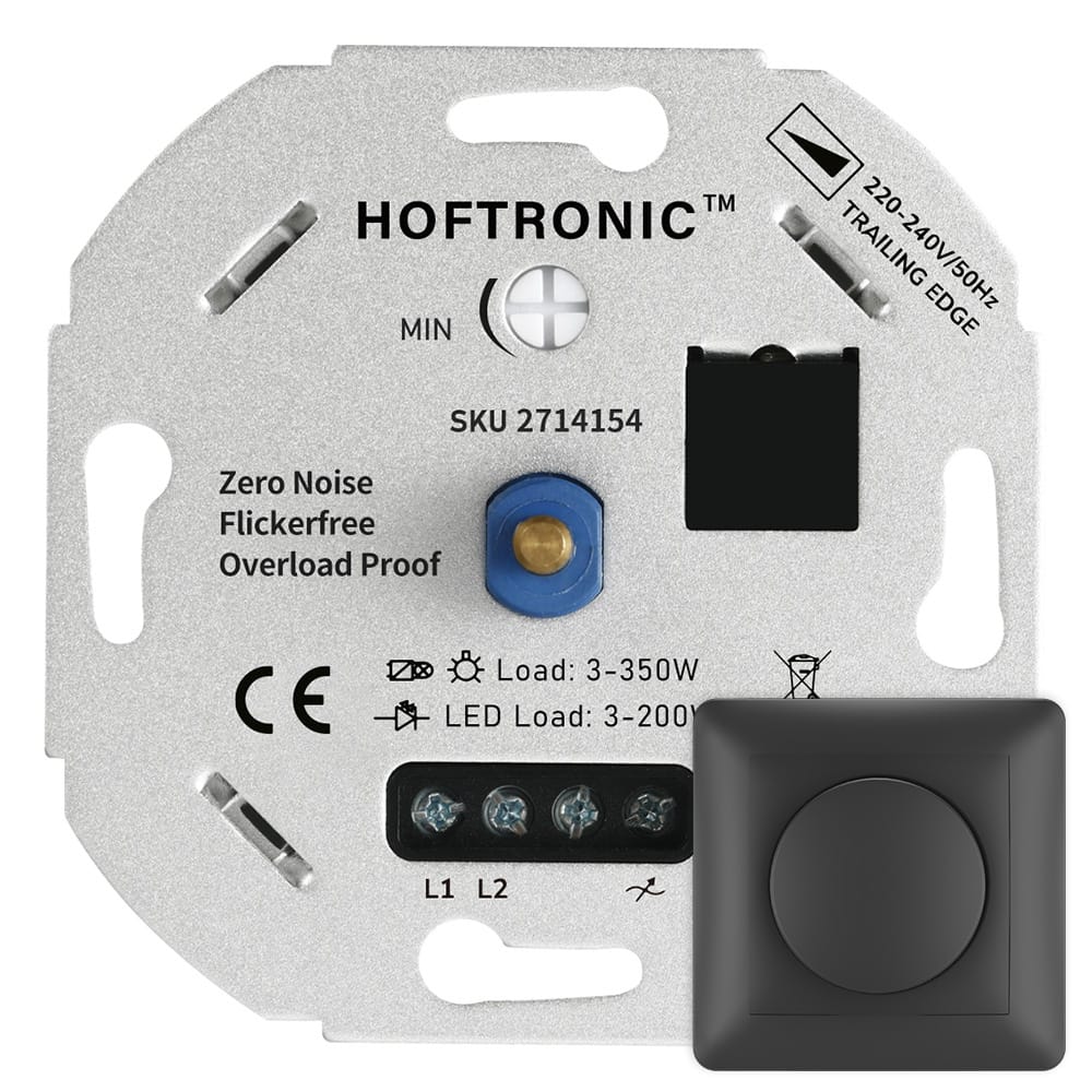 LED dimmer - 3-200 watt - Geschikt voor fase afsnijding - Universeel - Incl. zwart afdekraam en draaiknop afbeelding