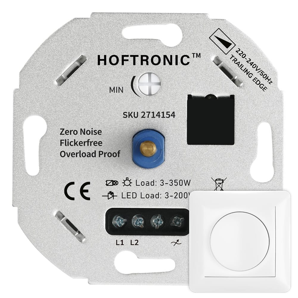 LED dimmer - 3-200 watt - Geschikt voor fase afsnijding - Universeel - Incl. wit afdekraam en draaiknop afbeelding