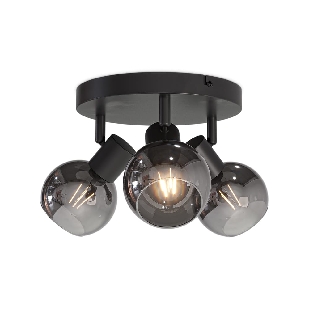 Glazura - LED Plafondlamp 3 spots - Glazen bollen - Smokey glas - Zwart - E14 fittingen afbeelding