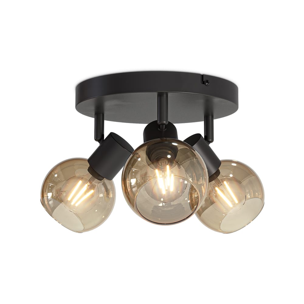 Glazura - LED Plafondlamp 3 spots - Glazen bollen - Amber glas - Zwart - E14 fittingen afbeelding