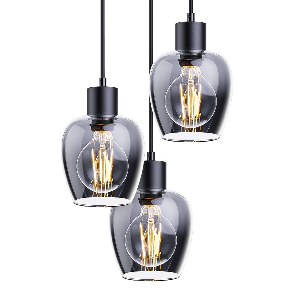 Zora - LED Hanglamp Smoke Glas - 3 lichtpunten - E27 - Zwart - IP20 - Hanglamp glazen bollen afbeelding