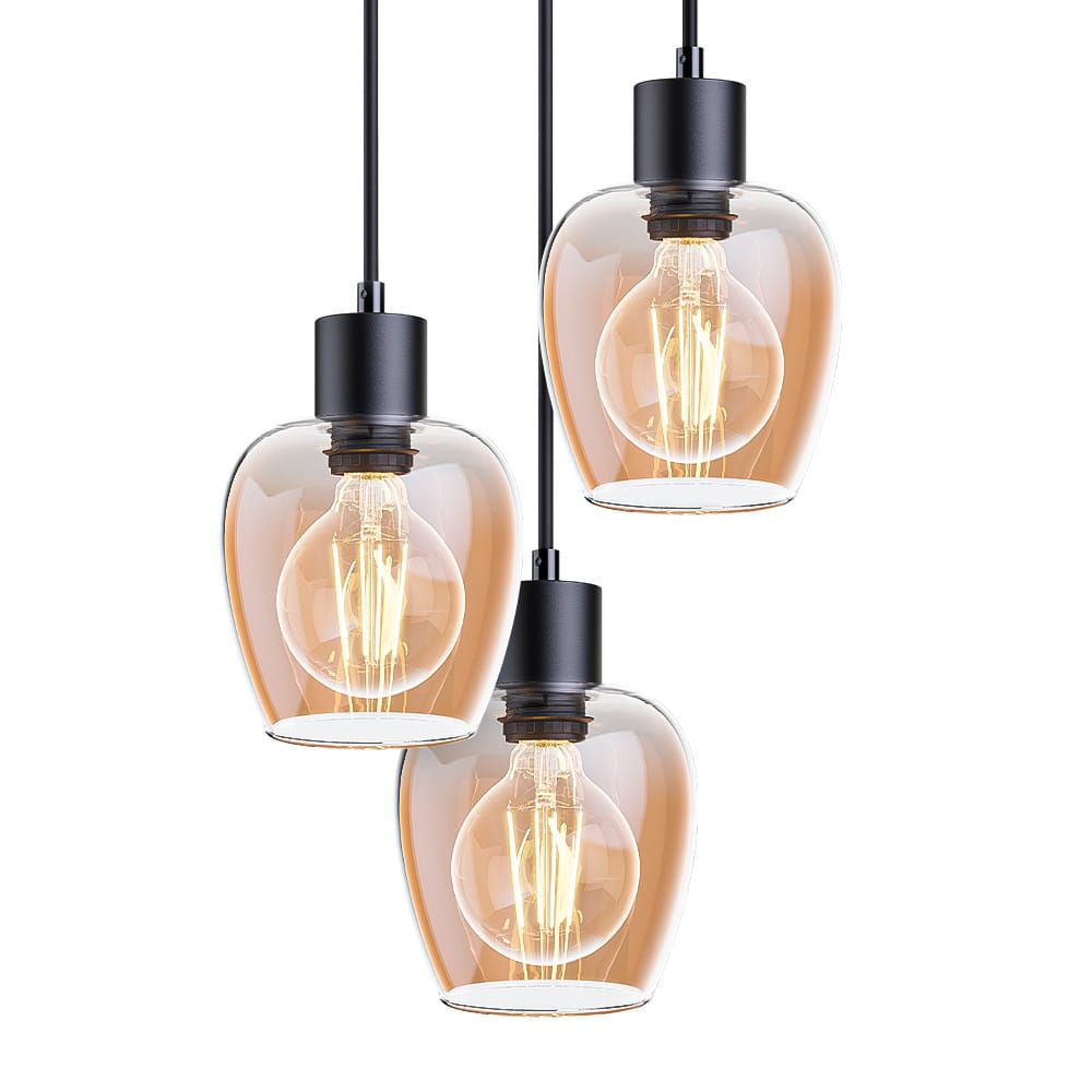 Zora - LED Hanglamp Glas - Amberkleurig - 3 lichtpunten - E27 - Zwart - IP20 - Hanglamp glazen bollen afbeelding