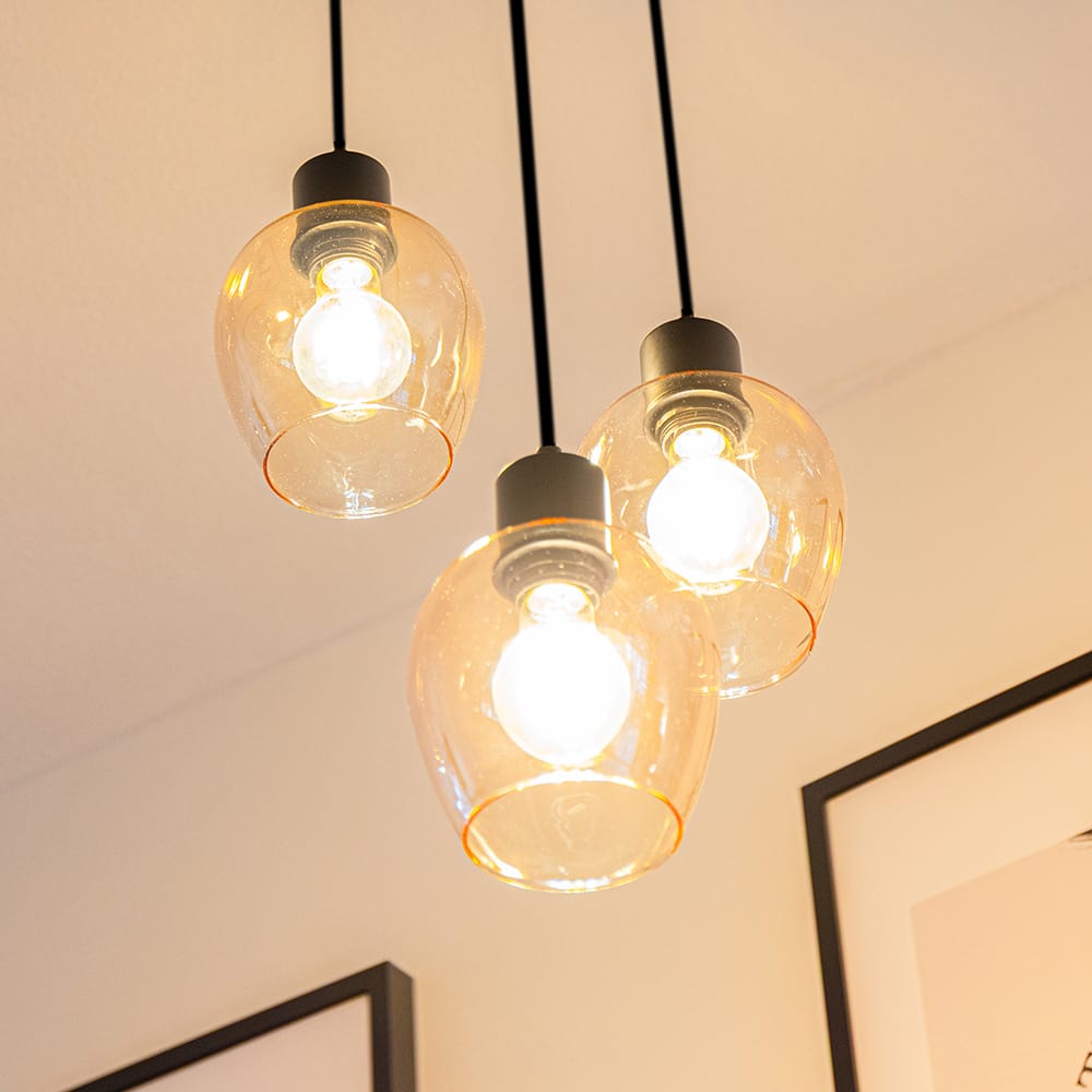 Design Hanglamp Zora - Amberkleurig Glas - 3-Lichts - E27 - 7 Watt 806 Lumen - 2700K - Zwart- Glazen