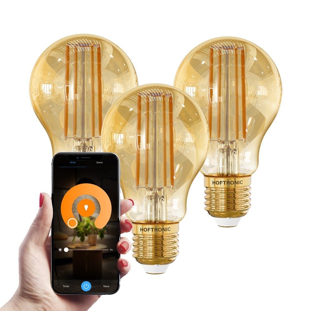 Set van 3 Smart E27 LED Filament Lamp 7 Watt 806 lumen A60 Amberkleurig glas 1800 3000K Dimbaar