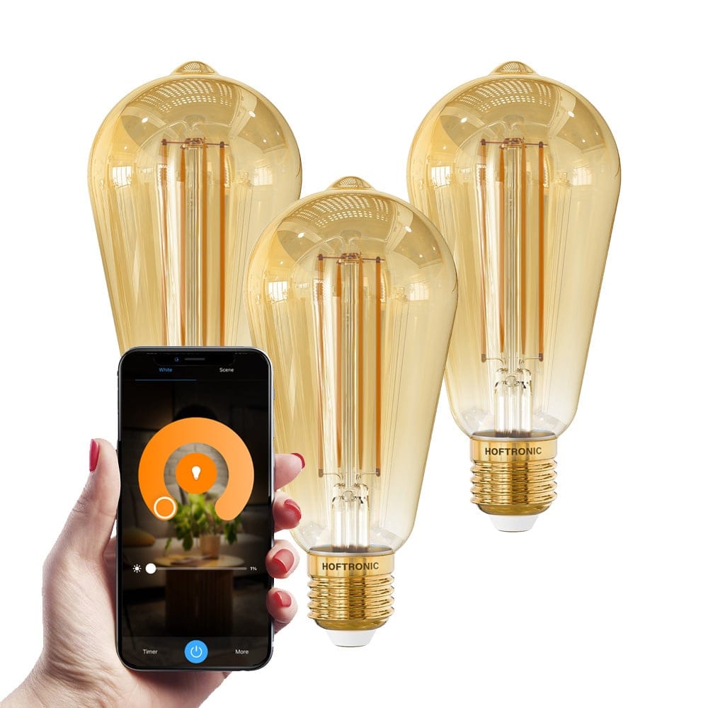 Set van 3 Smart E27 LED Filament Lampen - 7 Watt 806 lumen - ST64 Amberkleurig glas - 1800-3000K Dimbaar - Edison lamp afbeelding