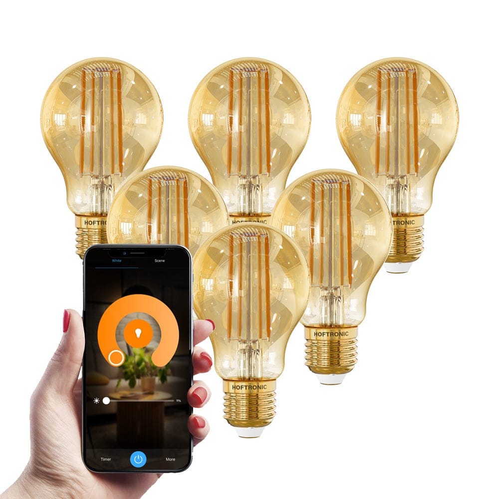 Set van 6 Smart E27 LED Filament Lamp 7 Watt 806 lumen A60 Amberkleurig glas 1800 3000K Dimbaar