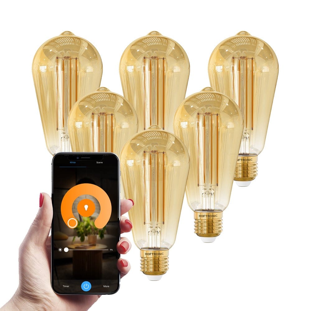 Set van 6 Smart E27 LED Filament Lampen 7 Watt 806 lumen ST64 Amberkleurig glas 1800 3000K Dimbaar Edison lamp