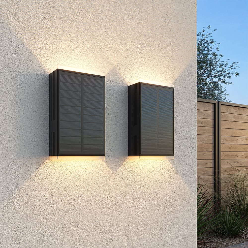 2x Jovi Solar LED Wandlamp Incl. Schemerschakelaar Up Down light 2700K warm wit Zwart IP65 waterdicht 70 lumen Tuinverlichting Buitenlamp