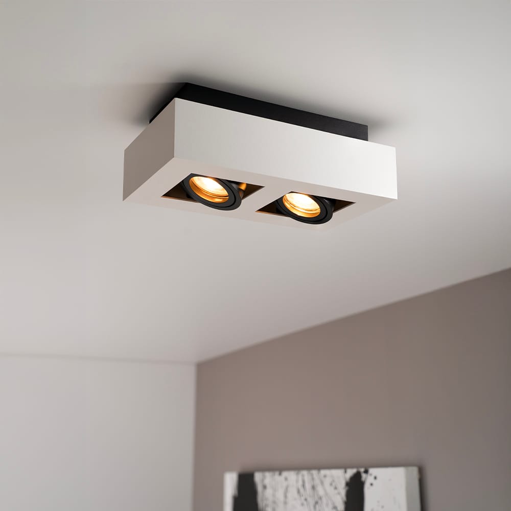 Pollux bianco II by LUSENZ - Rechthoekige 2-lichts plafondlamp met richtbare spots, mat witte coating en zwart interieur afbeelding