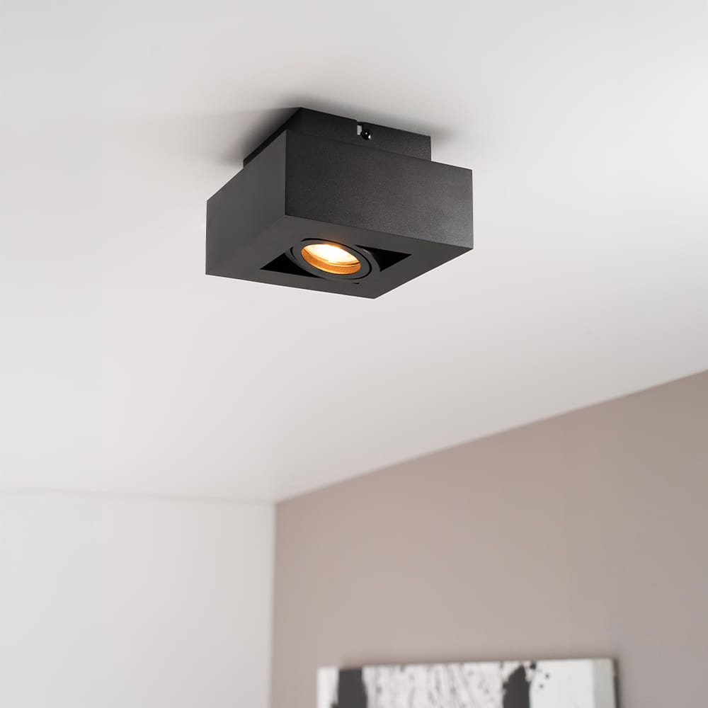 Pollux nero I by LUSENZ Vierkante plafondlamp met richtbare spot, matzwarte coating en interieur