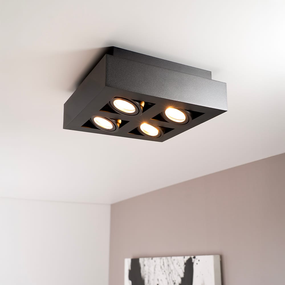 Pollux nero II II by LUSENZ - Vierkante 4-lichts plafondlamp met richtbare spots, matzwarte coating en interieur afbeelding 1